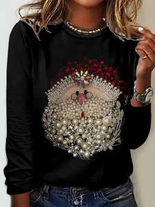 Women's Christmas Santa Claus Print Casual Crew Neck Regular Fit Long Sleeve Shirt