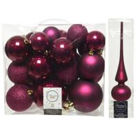 Kerstversiering kunststof kerstballen met piek framboos roze 6-8-10 cm pakket van 27x stuks - Kerstbal - thumbnail