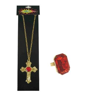 Sinterklaas sieraden accessoires set - gouden ketting - en rechthoekige ring - met rode stenen