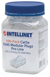 Intellinet Kabel Intellinet verpakking van 100 stuks Cat5e modulaire RJ45-stekkers Pro Line UTP 3-voudige klem voor massieve draad 100 stekkers in pot 50 μ