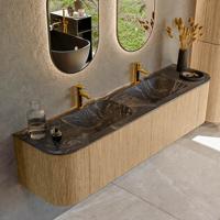 Mondiaz KURVE-DLUX 180 cm Onderkast Greeploos 2 Lades Met Deuren Oak, Wastafel Solid Surface Dubbel Lava 2 Kraangaten Zonder Spiegel (KRVLEA180L+R2L2D2KD-Oak/Lav)