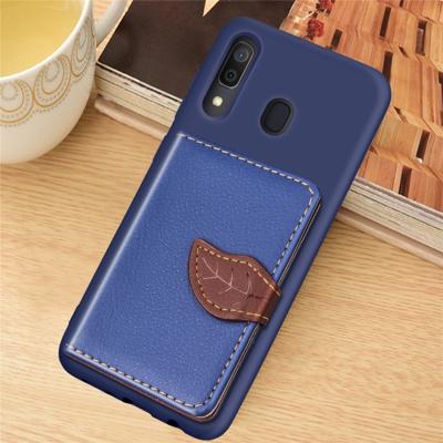 Litchi patroon kaart tas portemonnee beugel + TPU telefoon geval met kaartsleuf portemonnee beugel functie voor Galaxy A30 (blauw)