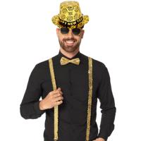 Oud en Nieuw Verkleedset - bretels/bril/strikje en hoed - goud - themafeest/oliebollenparty Oud en Nieuw Verkleedset - bretels/bril/strikje en hoed - goud - themafeest/oliebollenparty