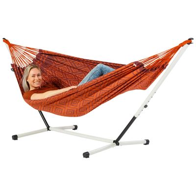 Eenpersoons hangmat met metalen standaard - 300x140cm - Rood - 120kg draagkracht- 100% katoen - binnen & buiten