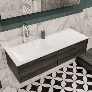 Mondiaz Lush Cloud badmeubel eiken donker bruin 120 cm 2 lades solid surface enkele spoelbak links 1 kraangat