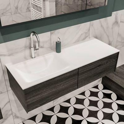 Mondiaz Lush Cloud badmeubel eiken Dark brown 120 cm 2 lades solid surface enkele spoelbak links 1 kraangat