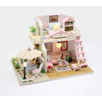 Ikonka DIY Modelbouw Poppenhuis Twee Verdiepingen LED 19,5 cm - Pink Loft Miniatuurhuisje - Bouwpakket - thumbnail