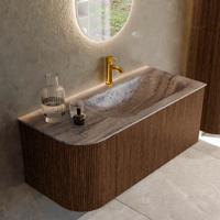 Badmeubel Mondiaz Kurve-Dlux | 105 cm | Meubelkleur Walnut | Wastafelkleur Oza | Solid surface | Wasbak rechter zijde spoelbak | 1 kraangat