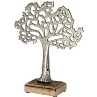 Decoratie levensboom van aluminium op houten voet 30 cm zilver   -
