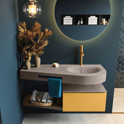 MONDIAZ RIVA 120cm badmeubel onderkast / planchet kleur Ocher met 1 lade. Wastafel DULCET rechts 1 kraangat kleur Smoke.