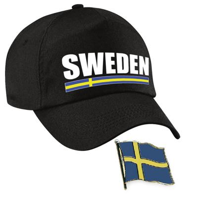 Zweden supporters setje - baseballcap print zwart - colbert pin broche vlag - volwassenen