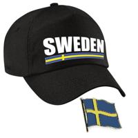 Zweden supporters setje - baseballcap print zwart - colbert pin broche vlag - volwassenen