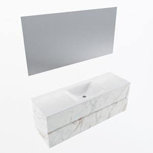 MONDIAZ VICA 140cm badmeubel onderkast Carrara 2 lades. Wastafel CLOUD midden zonder kraangat, kleur Talc met spiegel LED.