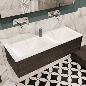 Mondiaz Lush Cloud badmeubel eiken donker bruin 120 cm 1 lade solid surface dubbele spoelbak zonder kraangat