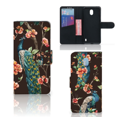 Nokia 1 Plus | Telefoonhoesje | Met pasjeshouder | Pauw met Bloemen