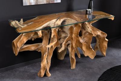 Massieve wandtafel ROOT 150cm naturel teakhout massief wortelhout glazen blad - 6044121
