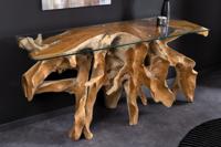 Massieve wandtafel ROOT 150cm naturel teakhout massief wortelhout glazen blad - 6044121