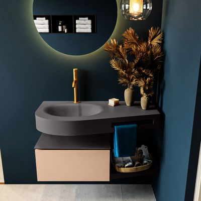 MONDIAZ RIVA 100cm badmeubel onderkast / planchet kleur Rosee met 1 lade. Wastafel DULCET links 1 kraangat kleur Dark_Grey.