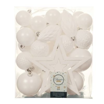 Set van 49x stuks kunststof kerstballen met ster piek wit mix