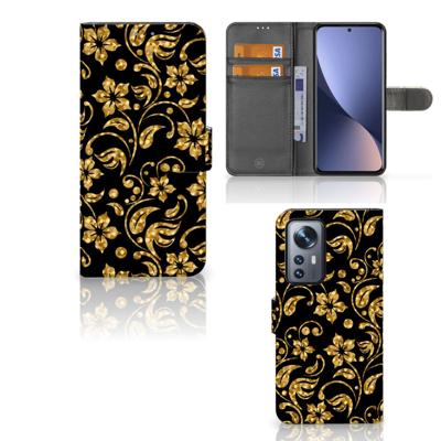 Xiaomi 12 Pro Hoesje Gouden Bloemen | Portemonnee hoesje Xiaomi 12 Pro Hoesje Gouden Bloemen | Portemonnee hoesje