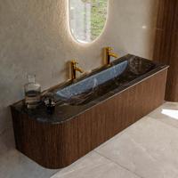 Badmeubel Mondiaz Kurve-Dlux | 145 cm | Meubelkleur Walnut | Wastafelkleur Lava | Solid surface | Rechts spoelbak | 2 kraangaten