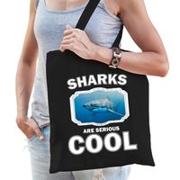 Katoenen tasje sharks are serious cool zwart - haaien/ haai cadeau tas   - - thumbnail