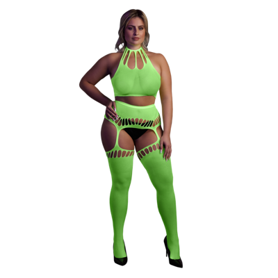 Ouch! by Shots Twee Delige Set met Crop Top en Kousen - Plus Size - Neon Groen