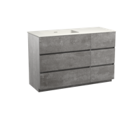 Storke Edge staand badkamermeubel 130 x 52,5 cm beton donkergrijs met Mata asymmetrisch linkse wastafel in matte Solid Surface