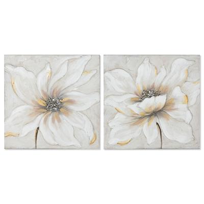 Schilderij Home ESPRIT Wit Beige Canvas Hout MDF Bloem Romantiek 50 x 2,5 x 50 cm (2 Stuks)