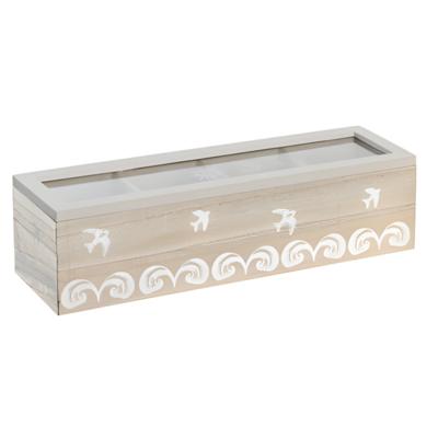 Theedoos maritiem - 4-vaks - wit / bruin - hout - 30 x 9 x 8 cm