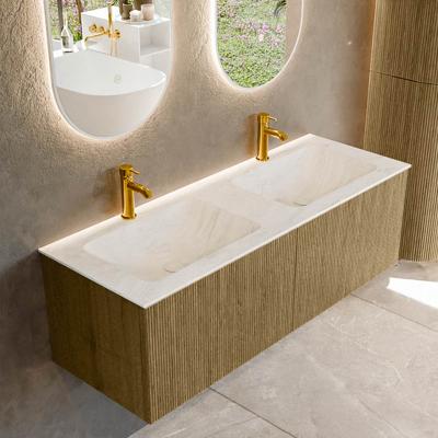 Badmeubel Mondiaz Kurve-Dlux | 130 cm cm | Meubelkleur Dusk | Wastafelkleur Opalo | Solid surface | Wasbak beiden zijden spoelbak | 2 kraangaten