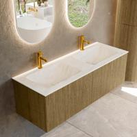 Badmeubel Mondiaz Kurve-Dlux | 130 cm cm | Meubelkleur Dusk | Wastafelkleur Opalo | Solid surface | Wasbak beiden zijden spoelbak | 2 kraangaten