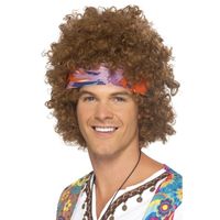Bruine hippie pruik met haarband voor heren - thumbnail