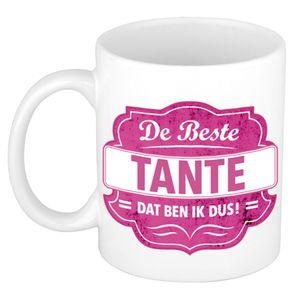 De beste tante dat ben ik cadeau mok / beker wit met roze embleem 300 ml