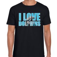 Tekst t-shirt I love dolphins met dieren foto van een dolfijn zwart voor heren