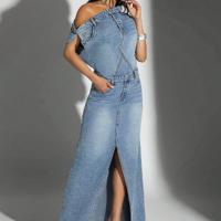 Bon&Bon Light Wash Off Shoulder Denim Dress - High Waist Split Thigh Light Wash / M