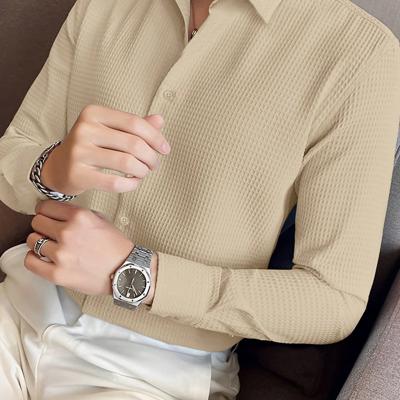 Bon&Bon Men's Waffle Knit Shirt - Black Long Sleeve Button Front Khaki / XL