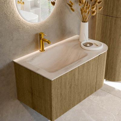 Badmeubel Mondiaz Kurve-Dlux | 85 cm | Meubelkleur Dusk | Wastafelkleur Meli | Solid surface | Wasbak linker zijde spoelbak | 1 kraangat