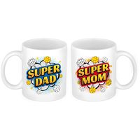 Super Dad en Mom cartoon mok - Cadeau beker set voor Papa en Mama - thumbnail