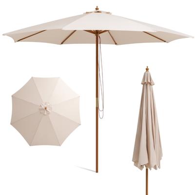 300 cm Houten Terrasparasol Tafelparasol met 8 Bamboe Baleinen 3 Verstelbare Hoogtes Touwkatrol voor Tuin Terras Beige