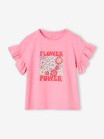 Meisjesshirt "Flower Power" met ruches op de mouwen snoepjesroze - thumbnail