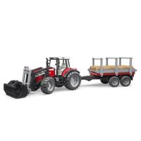 Bruder tractor massey ferguson 7480 met houttransport aanhanger - thumbnail
