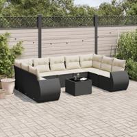 10-delige Loungeset met kussens poly rattan zwart