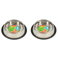Honden voederbak/drinkbak - 2x stuks - 500 ml - RVS met relief - 21 cm - voerbak
