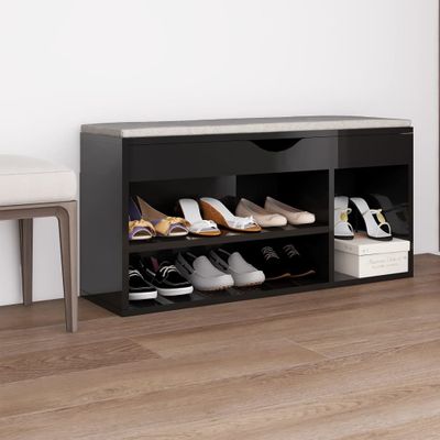 VidaXL Schoenenbank met kussen 104x30x49 cm hout hoogglans zwart