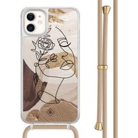 iPhone 11 hoesje met beige koord - Abstract gezicht bruin