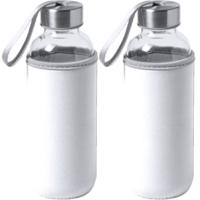 Waterfles/drinkfles Bidon - 2x - met softshell bescherm hoes - wit - glas - 420 ml - Sportfles