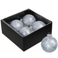 Luxe kerstballen - 4x stuks - 8 cm - wit/grijs - glas - ice finish - kerstversiering - thumbnail