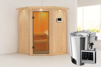 Karibu | Minja Sauna met Dakkraag | Bronzeglas Deur | Kachel 3,6 kW Externe Bediening - thumbnail