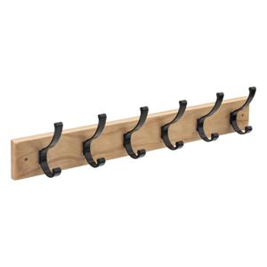 Kapstok rek voor wand/muur - lichtbruin/zwart - 6x ophanghaken - MDF/metaal - 58 x 8 cm